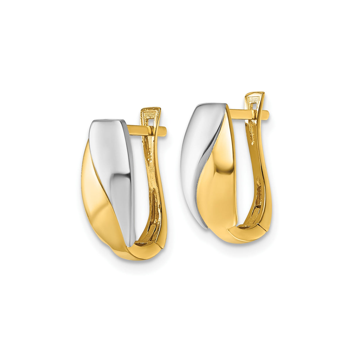 14k Yellow Gold Crossover Hinged Hoop Earrings, Rhodium Two-Tone Huggie Style for Women