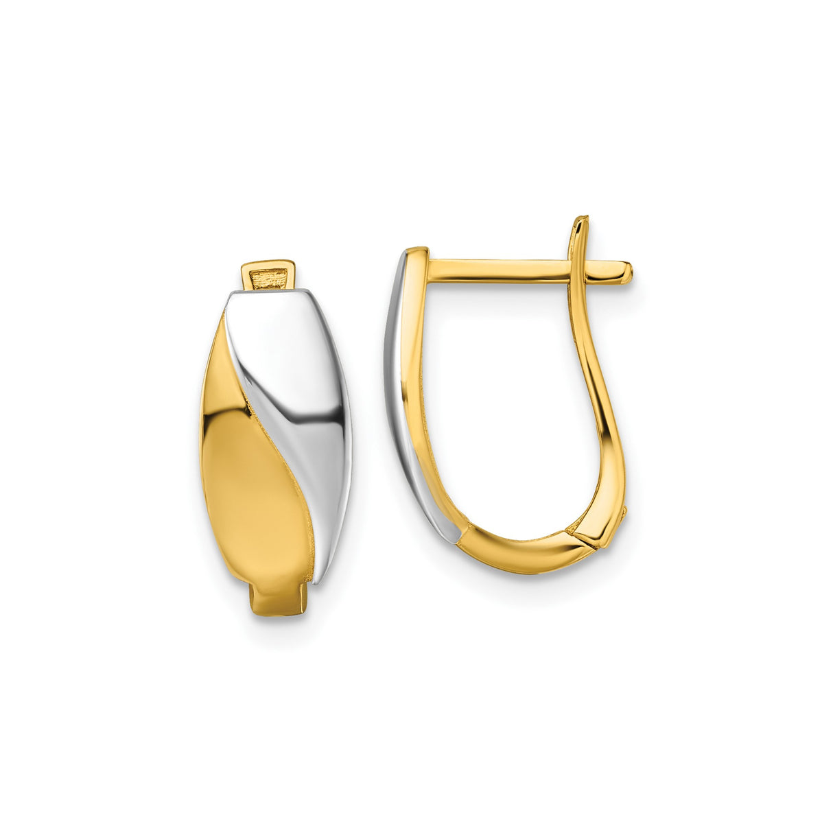 14k Yellow Gold Crossover Hinged Hoop Earrings, Rhodium Two-Tone Huggie Style for Women