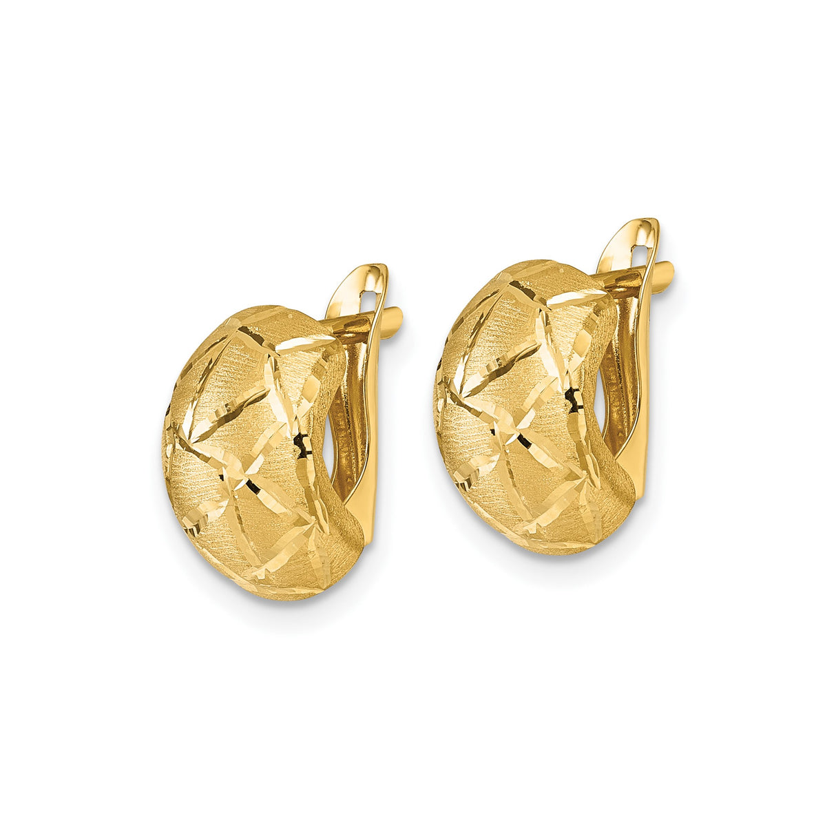 14k Yellow Gold Huggie Earrings with Textured Diamond-Cut Design and Satin Finish for Women