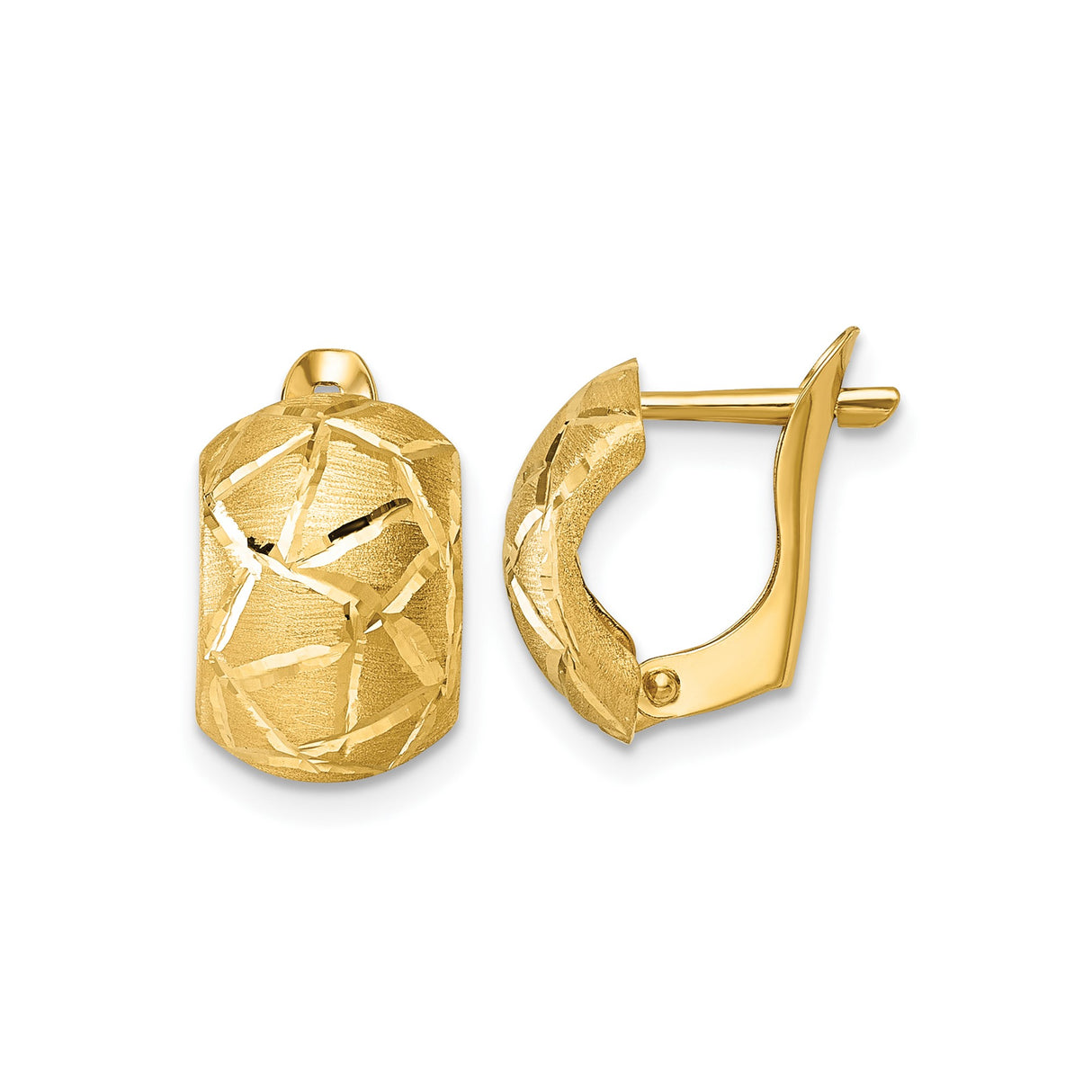 14k Yellow Gold Huggie Earrings with Textured Diamond-Cut Design and Satin Finish for Women