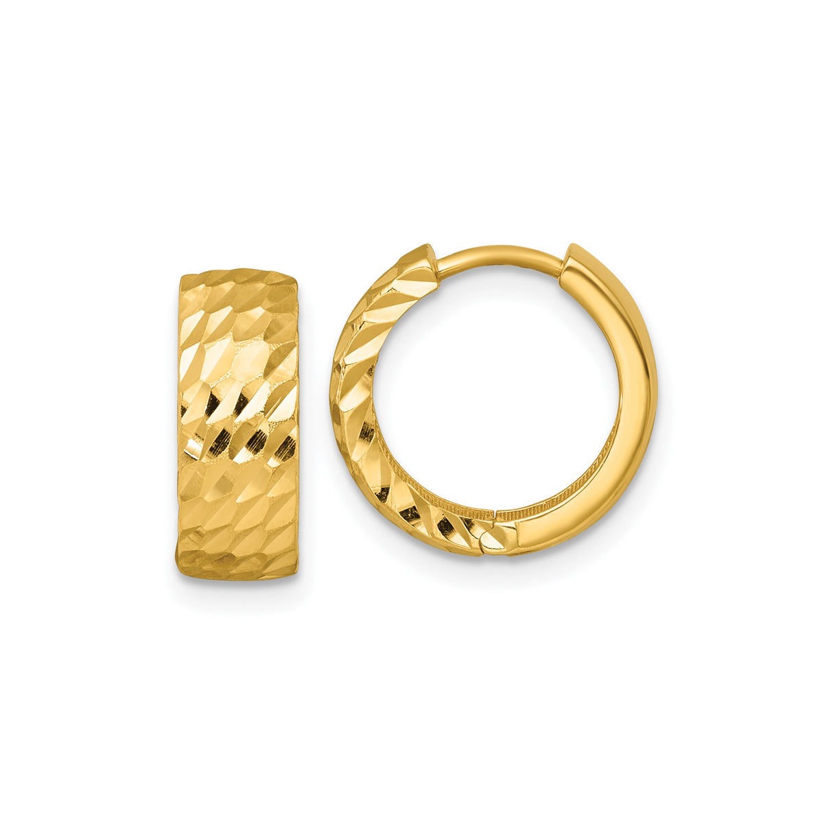 14k Yellow Gold Hoop Earrings, Diamond-Cut Faceted Round Hinged Hoops for Women