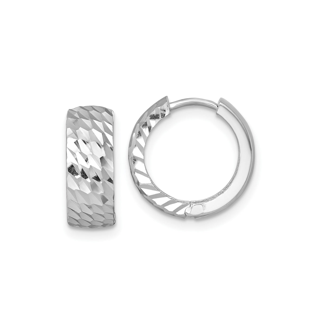 14k White Gold Hoop Earrings, Diamond Cut Textured Round Design, Lightweight High Polish Finish