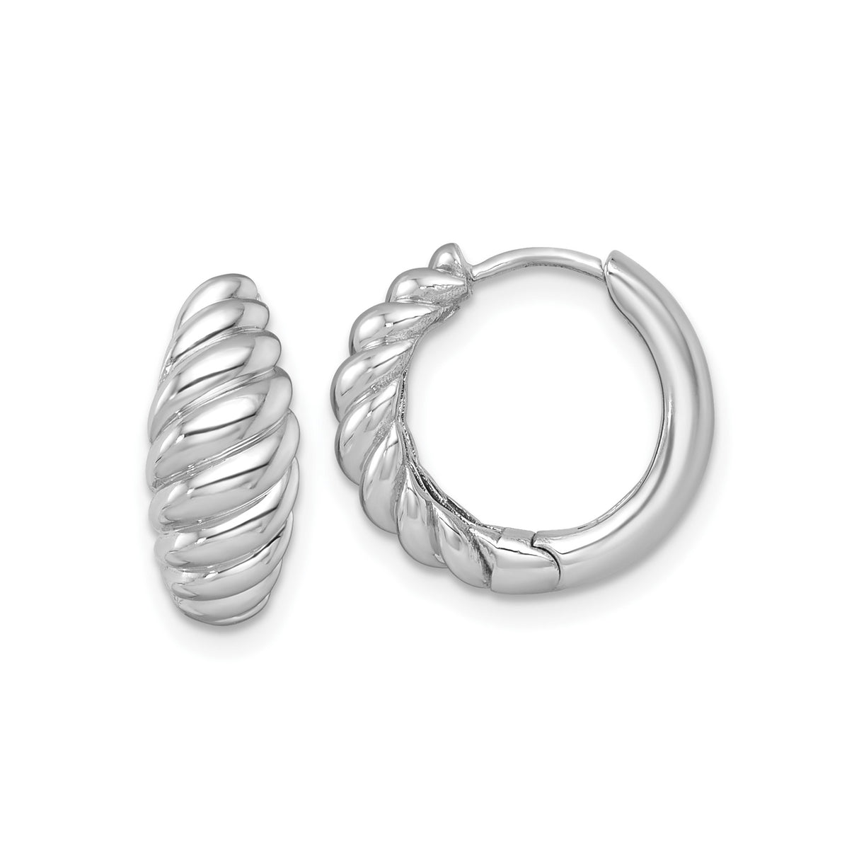 14k White Gold Twisted Hoop Earrings with Ribbed Design and Polished Finish