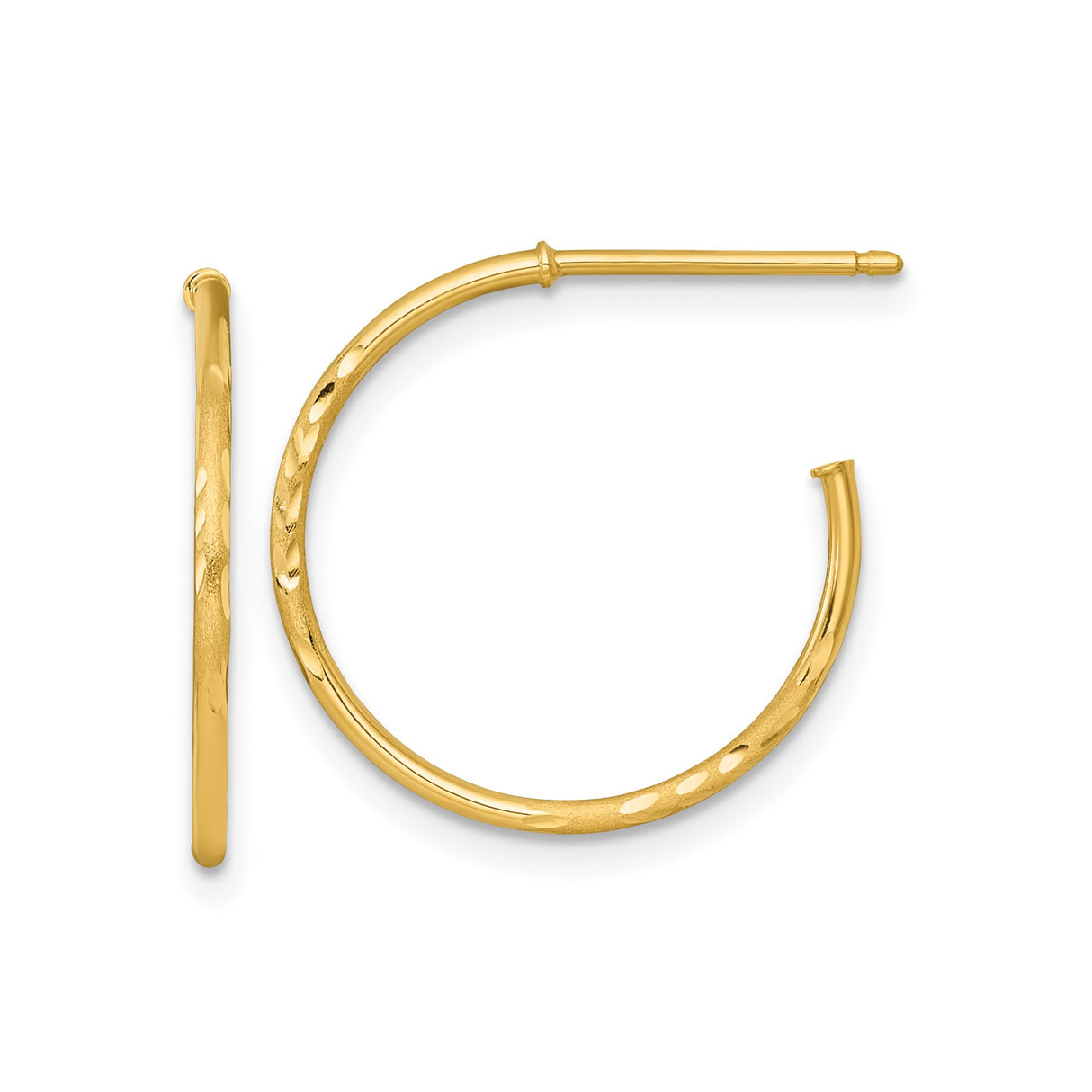 14k Yellow Gold Hoop Earrings, Polished and Diamond Cut Textured, Lightweight Medium Size