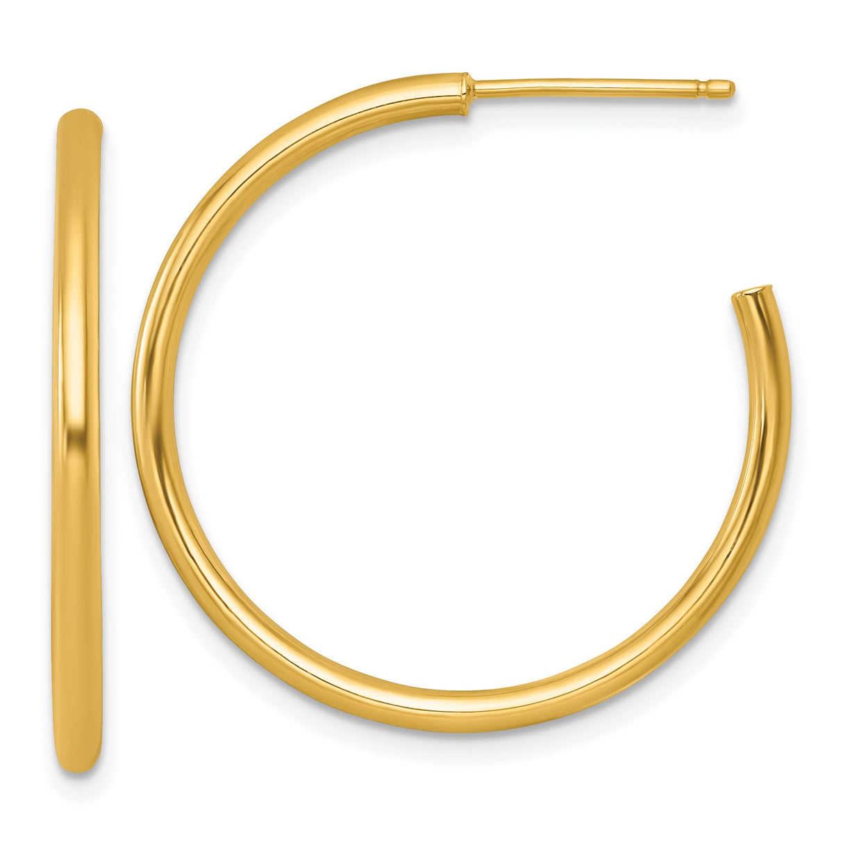 14k Yellow Gold Hoop Earrings, Polished Round Medium Tube Style, Minimalist Design for Women