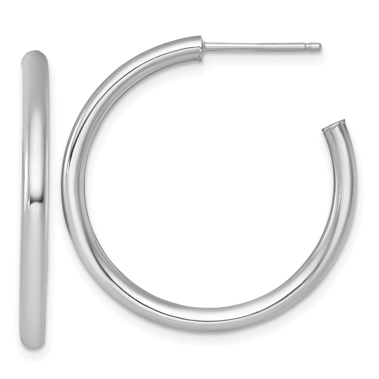 14k White Gold Hoop Earrings, Polished Round Tube Design, Lightweight Medium Size