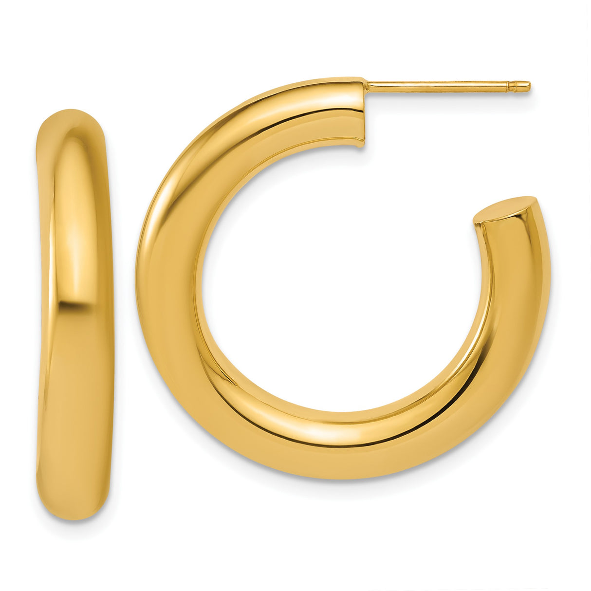 14k Yellow Gold Hoop Earrings, Thick Hollow Round Design with Polished Finish