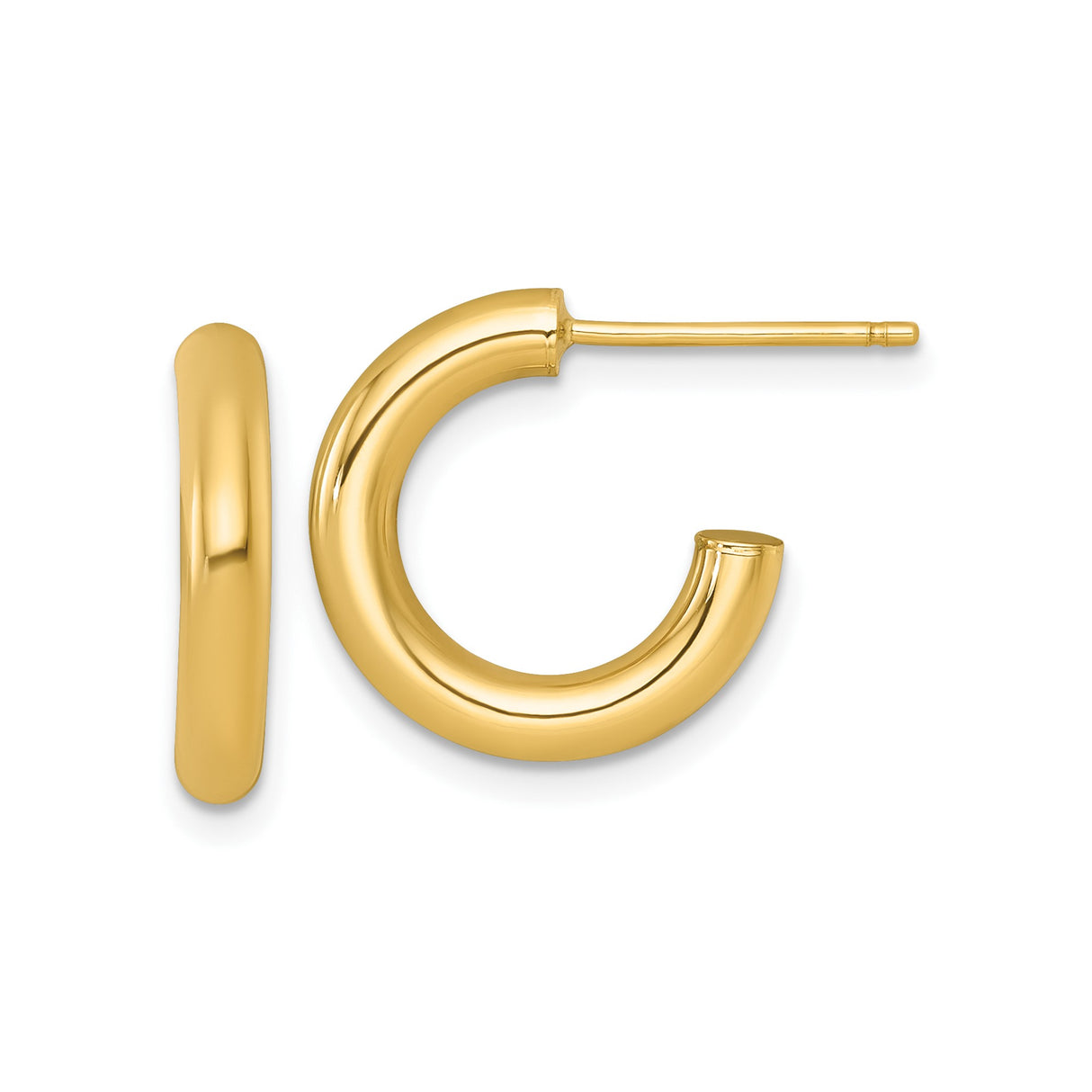 14k Yellow Gold Hoop Earrings, Thick Half Hoops with Polished Smooth Finish, Classic C Style