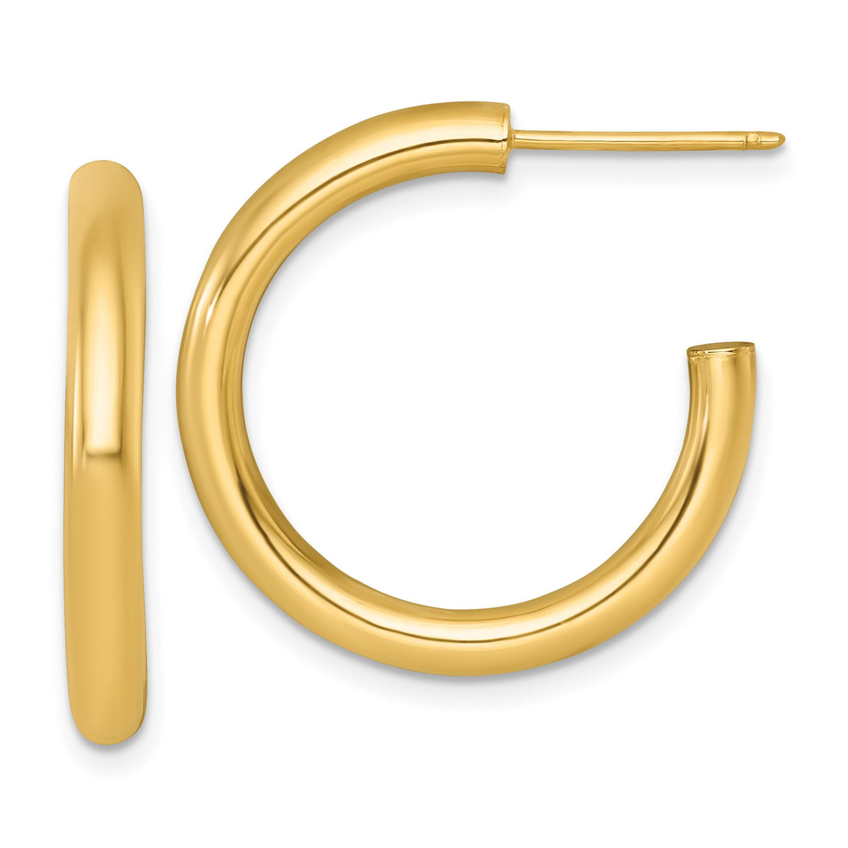 14k Yellow Gold Hoop Earrings, Thick Round Tube, Polished Finish, Minimalist Classic Style