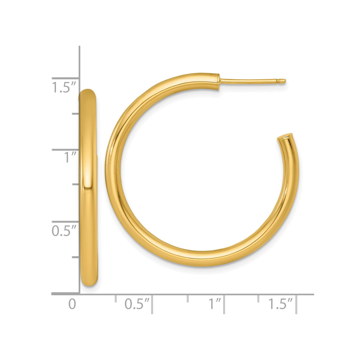 14k Yellow Gold Hoop Earrings, Medium Round Lightweight Tube with Polished Finish, Click Closure