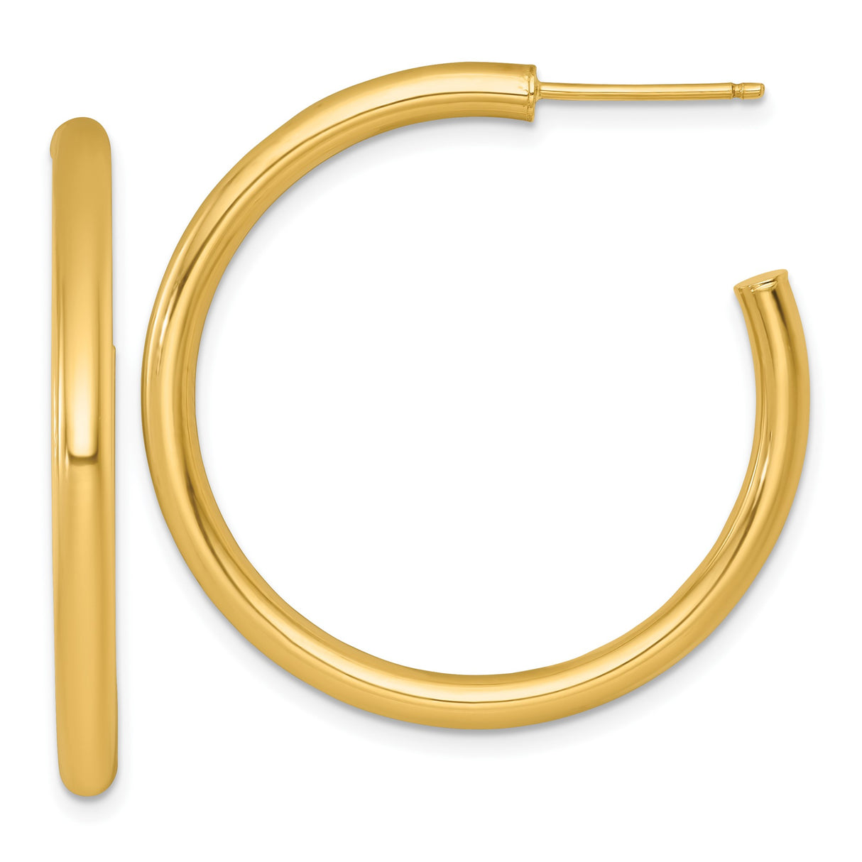 14k Yellow Gold Hoop Earrings, Medium Round Lightweight Tube with Polished Finish, Click Closure