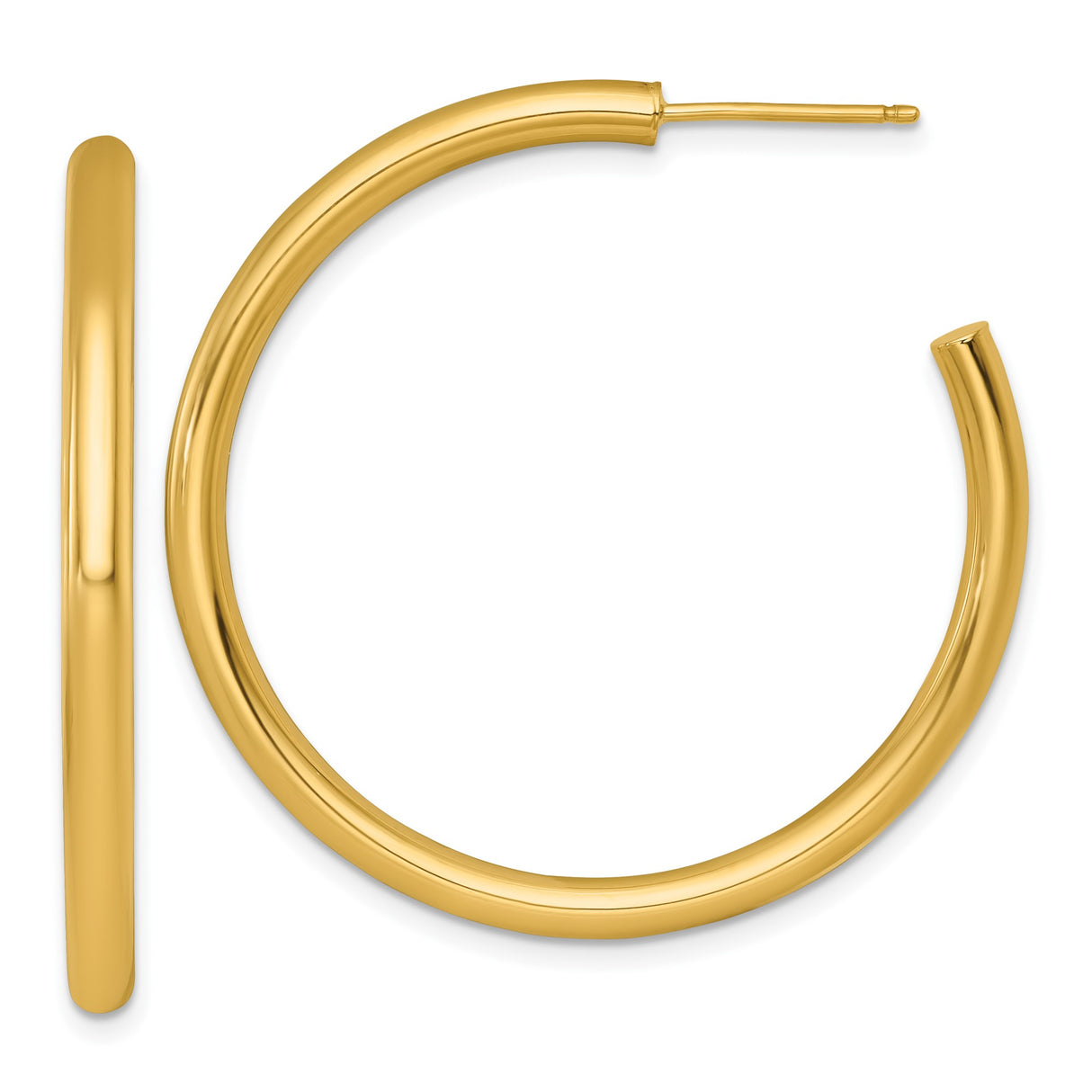 14k Yellow Gold Hoop Earrings, Medium Round Tube Style with Polished Finish, Lightweight Design