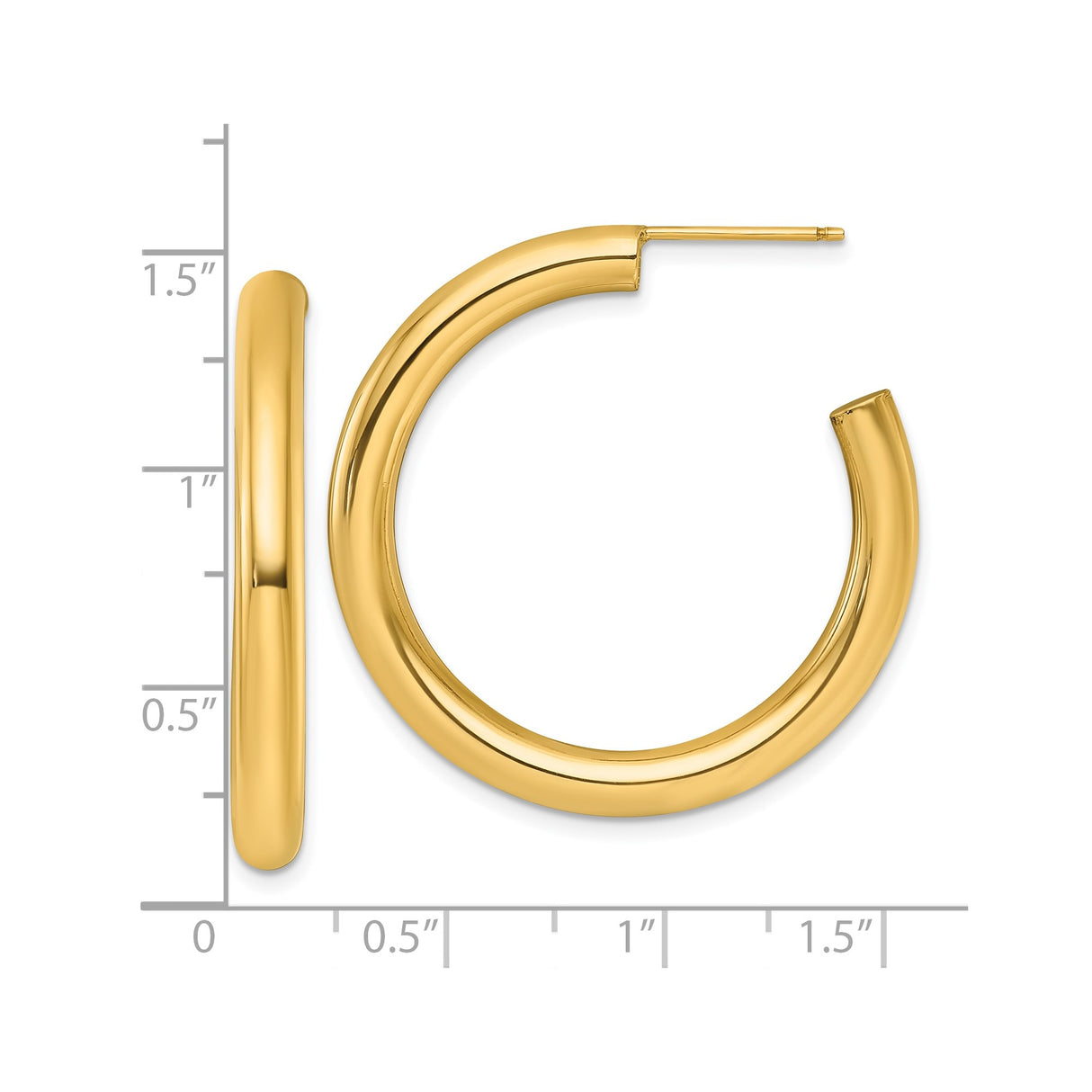 14k Yellow Gold Hoop Earrings, Smooth Polished Medium Lightweight Tube Style for Women