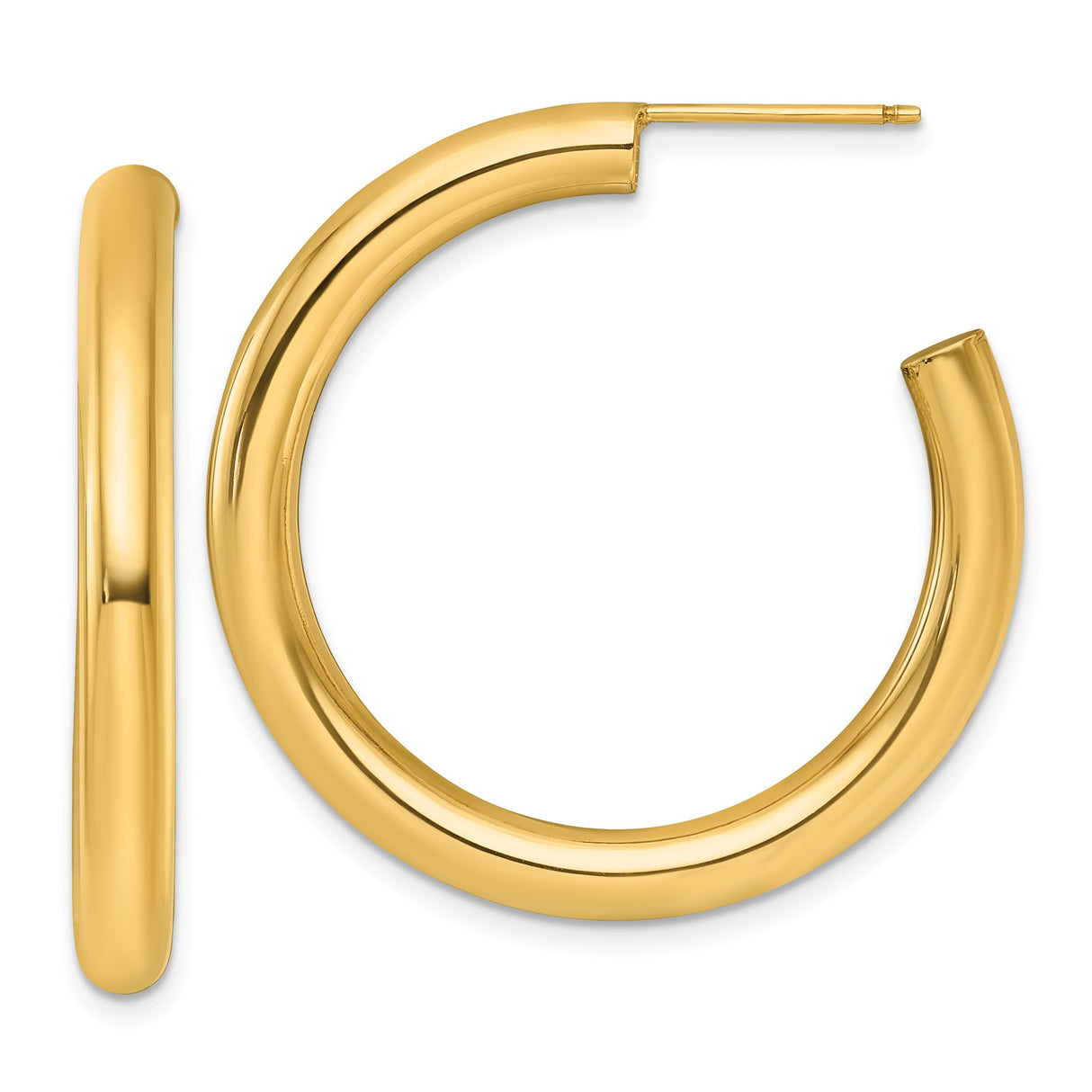14k Yellow Gold Hoop Earrings, Smooth Polished Medium Lightweight Tube Style for Women