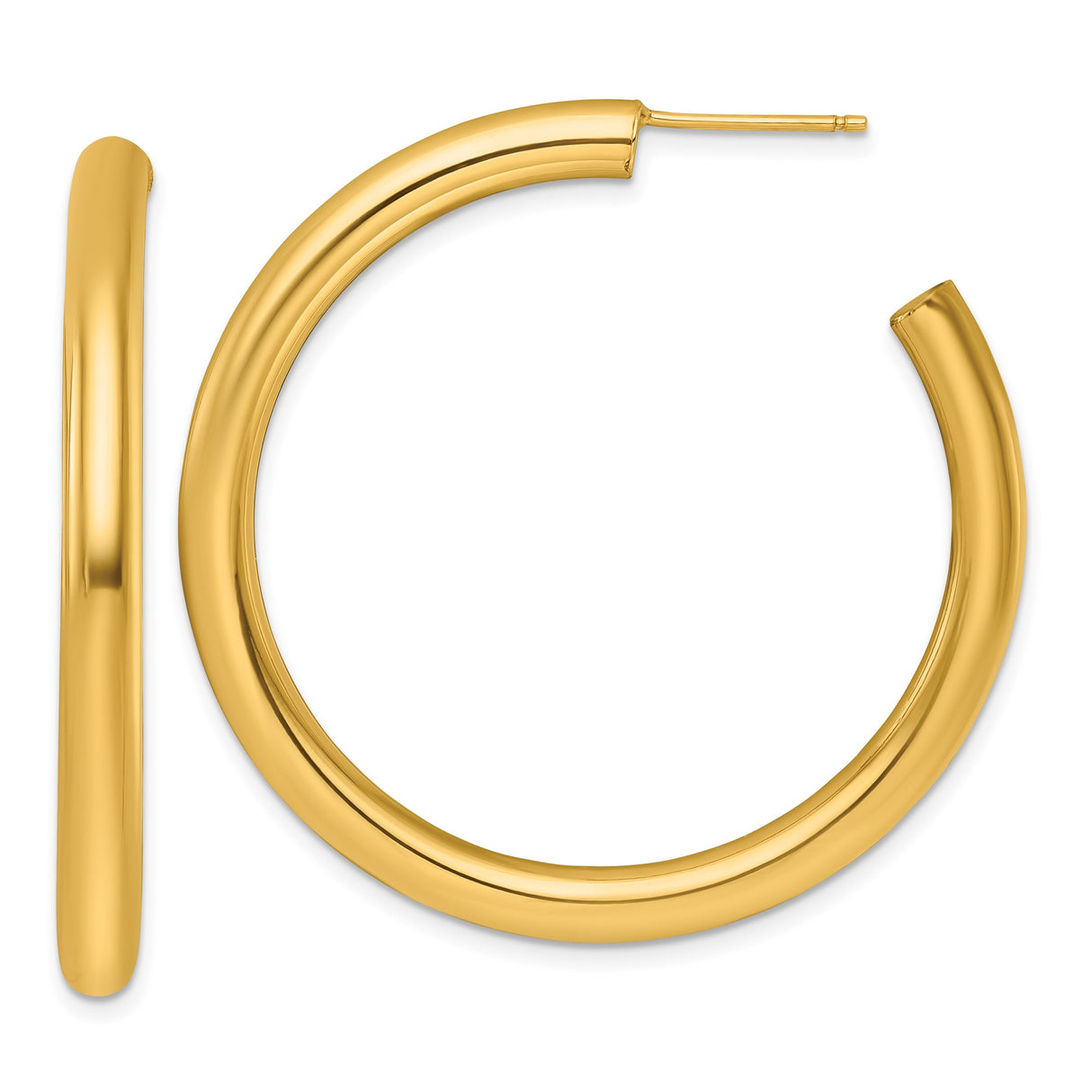 14k Yellow Gold Hoop Earrings, Medium Polished Classic Tube Style with Post Backs for Women