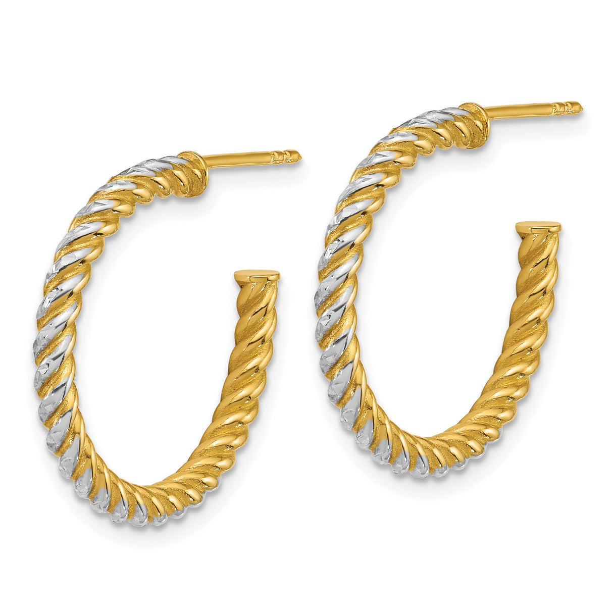 14k Yellow Gold Twisted Rope Hoop Earrings, Polished Two-Tone Textured Tube Design