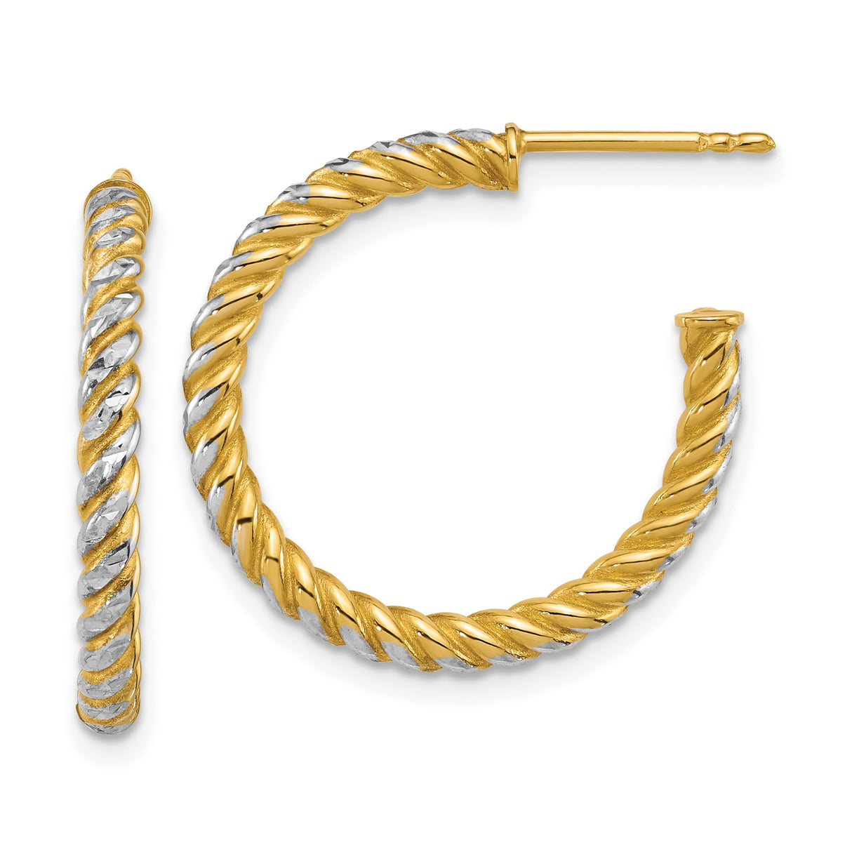14k Yellow Gold Twisted Rope Hoop Earrings, Polished Two-Tone Textured Tube Design