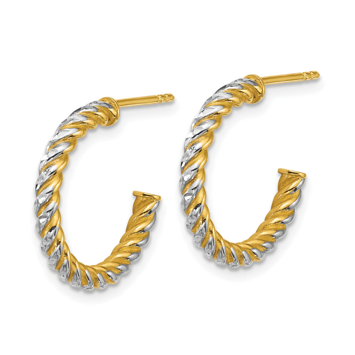 14k Yellow Gold Hoop Earrings, Twisted Rope Two-Tone Tube Design with Polished and Textured Finish