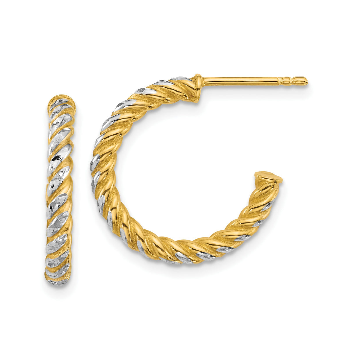 14k Yellow Gold Hoop Earrings, Twisted Rope Two-Tone Tube Design with Polished and Textured Finish