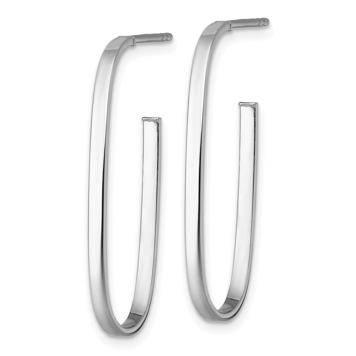 14k Yellow Gold Hoop Earrings, Rhodium Finished Elongated Oval Tube, Lightweight Modern Style
