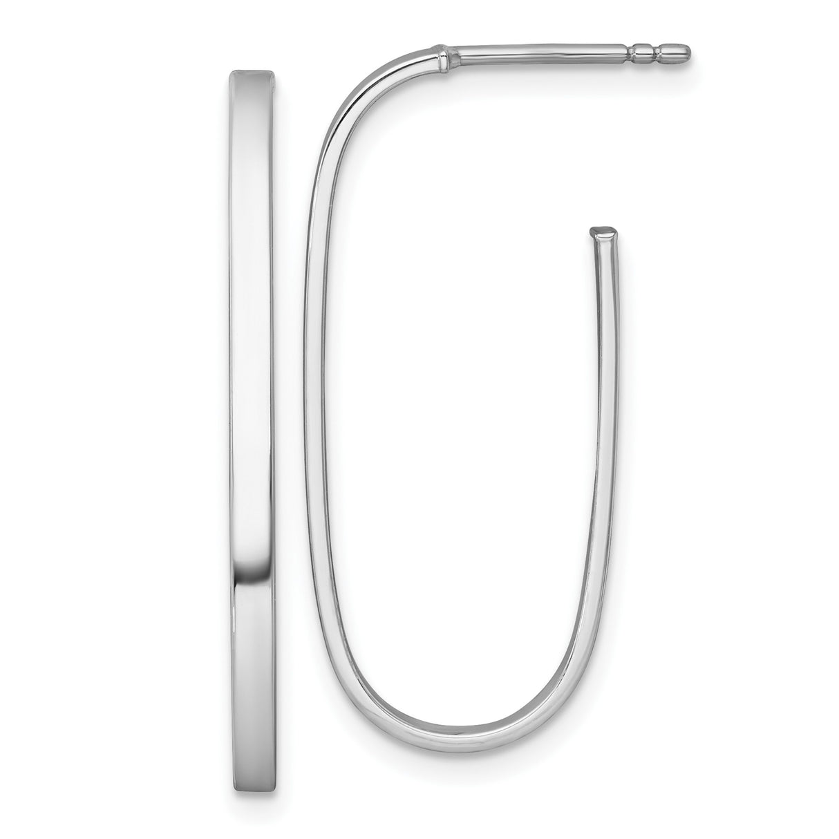 14k Yellow Gold Hoop Earrings, Rhodium Finished Elongated Oval Tube, Lightweight Modern Style