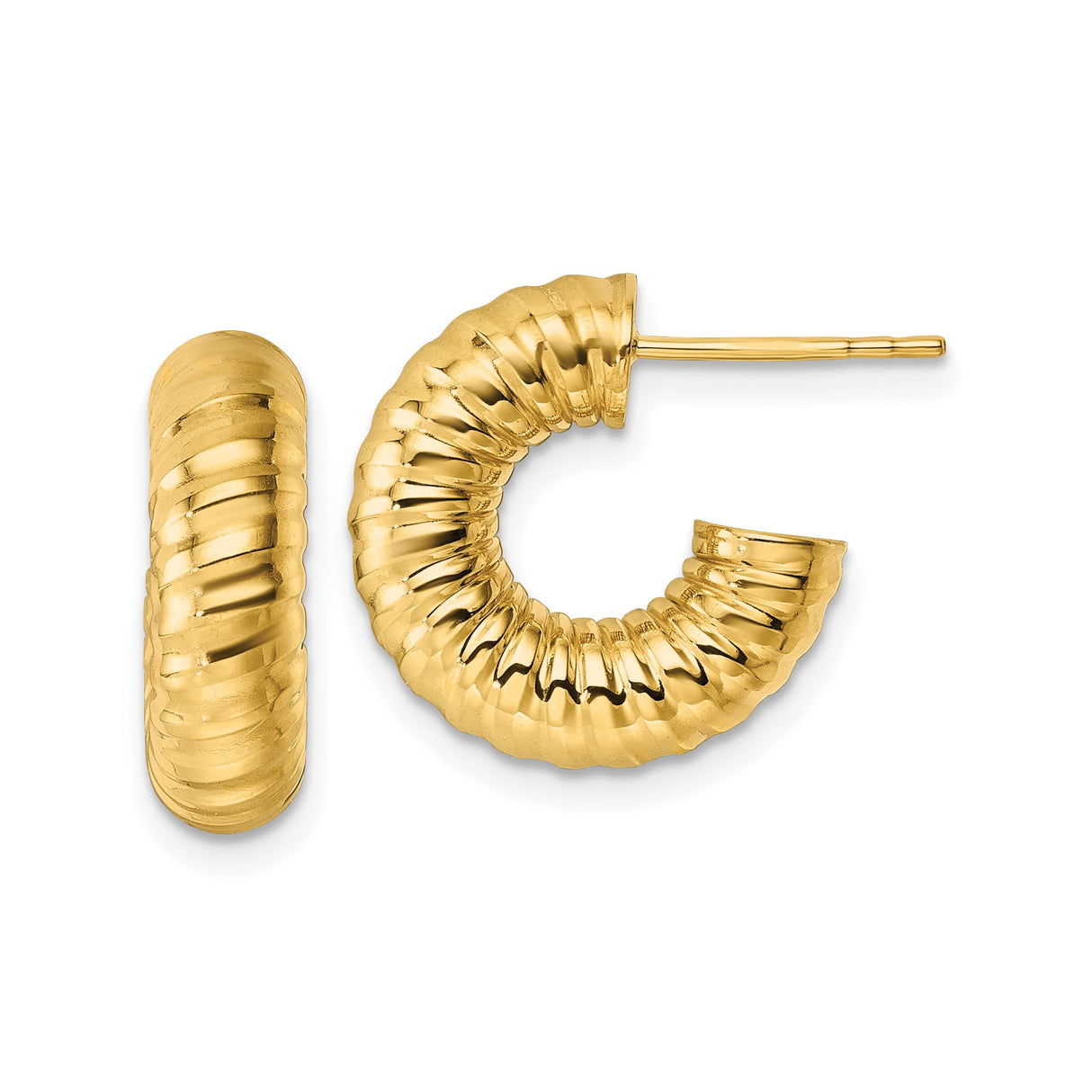 14k Yellow Gold Ribbed Twist Hoop Earrings, Textured Tube Style for Women