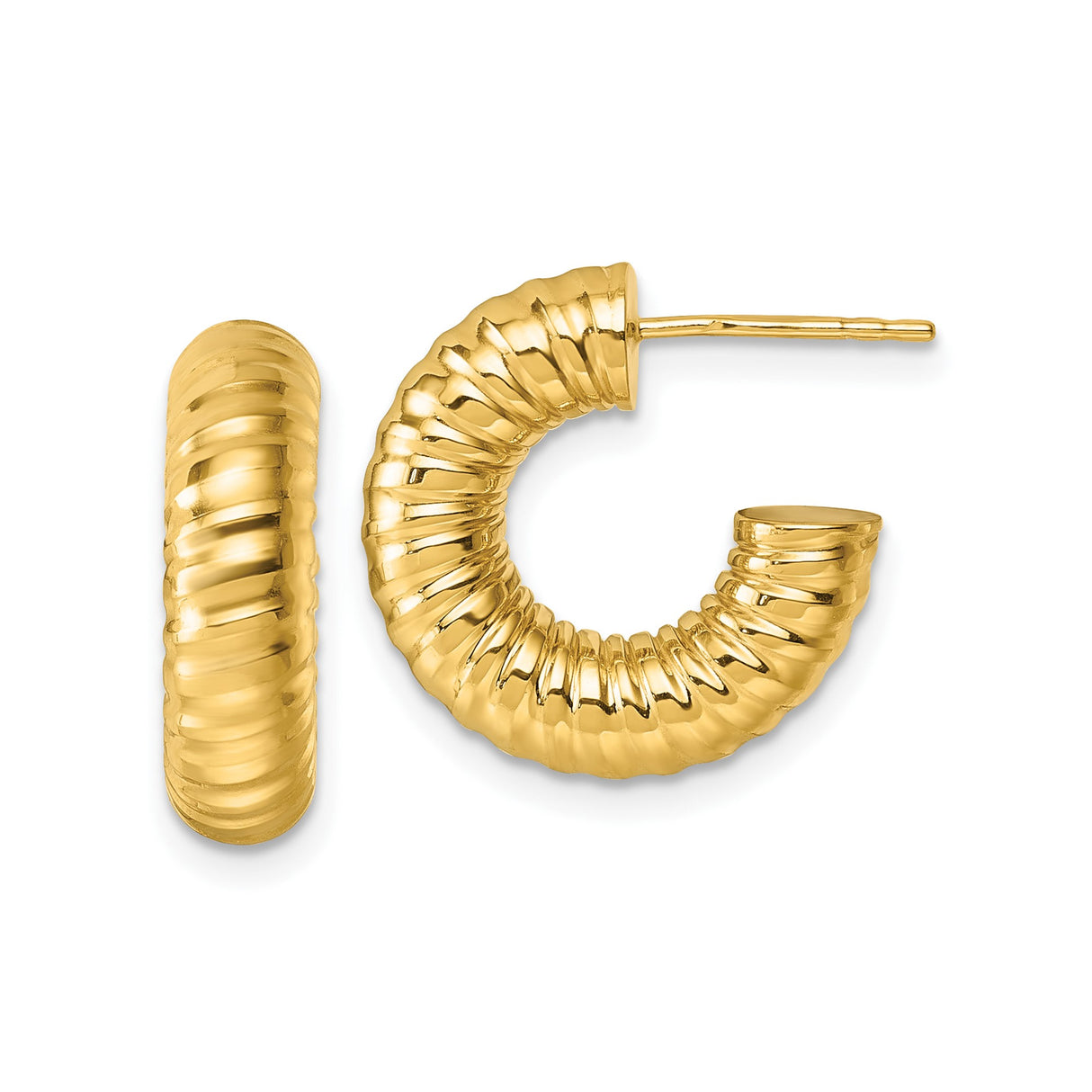 14k Yellow Gold Hoop Earrings, Twisted Ribbed Chunky Textured Design for Women