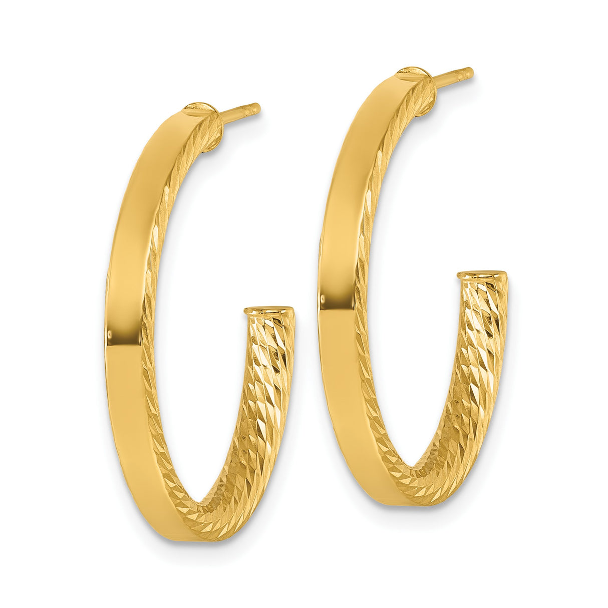 14k Yellow Gold Hoop Earrings, Diamond Cut Texture, Medium Lightweight Tube Hoops for Women