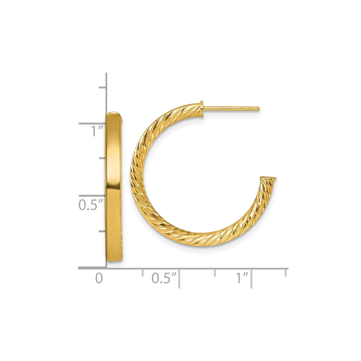 14k Yellow Gold Hoop Earrings, Diamond Cut Texture, Medium Lightweight Tube Hoops for Women