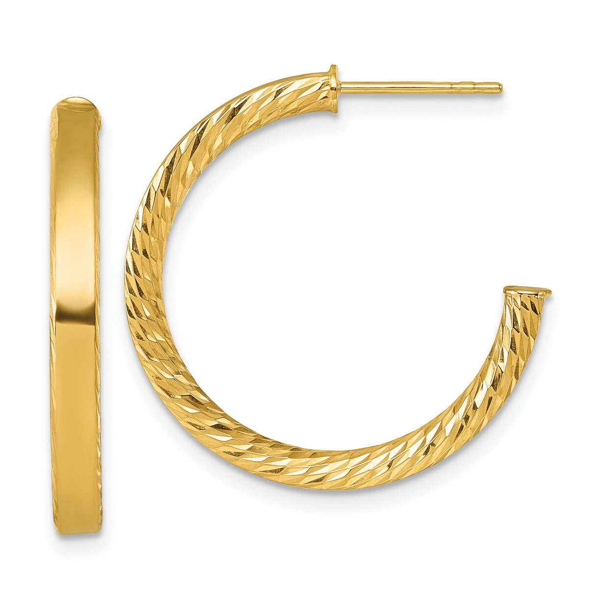 14k Yellow Gold Hoop Earrings, Diamond Cut Texture, Medium Lightweight Tube Hoops for Women