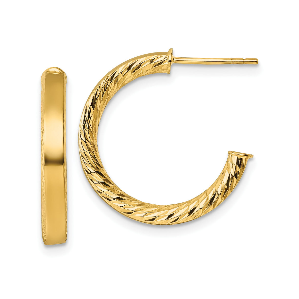 14k Yellow Gold Hoop Earrings, Diamond Cut Twist Design, Medium Bold Lightweight Style for Women
