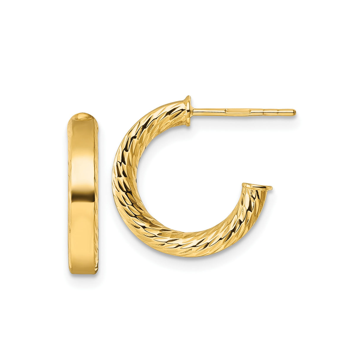 14k Yellow Gold Hoop Earrings with Diamond Cut Texture and Polished Finish for Women