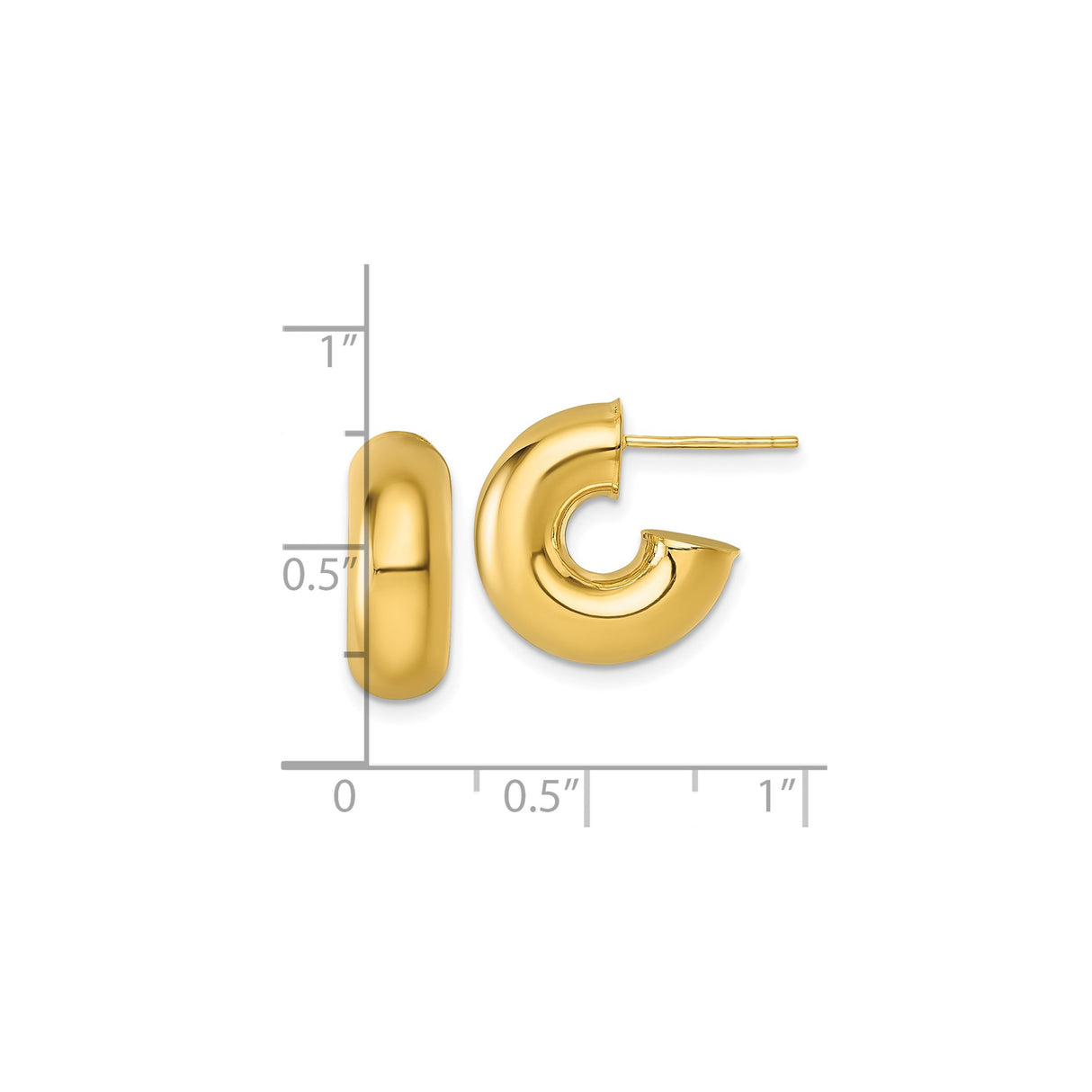 14k Yellow Gold Puffed Hoop Stud Earrings, High Polish, Modern Rounded, Lightweight, Minimalist Style