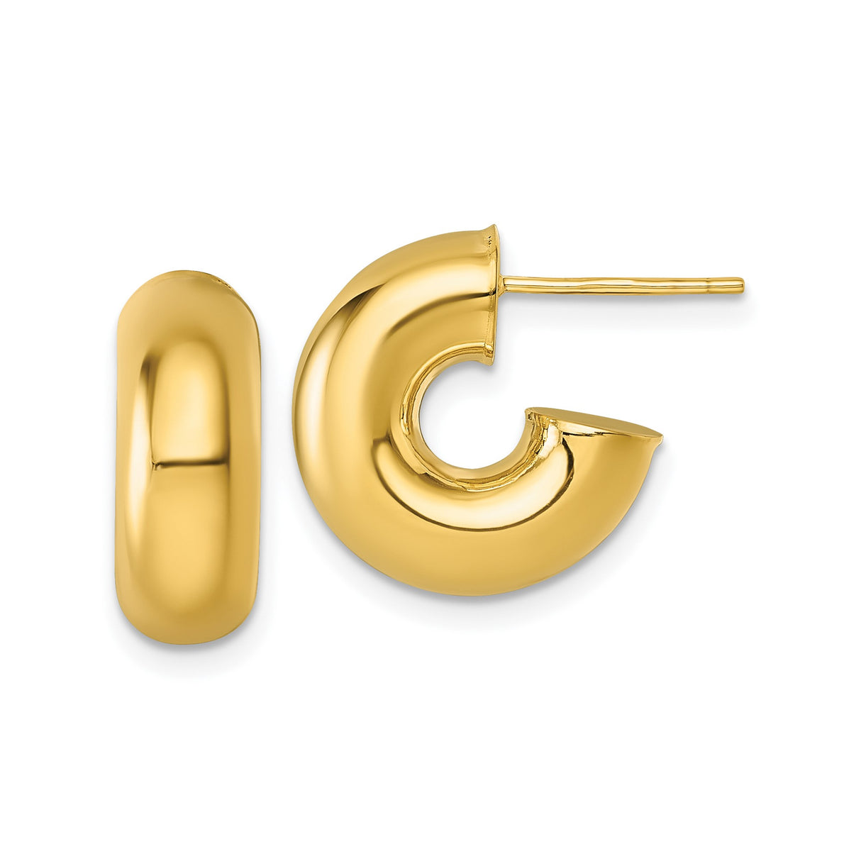 14k Yellow Gold Puffed Hoop Stud Earrings, High Polish, Modern Rounded, Lightweight, Minimalist Style