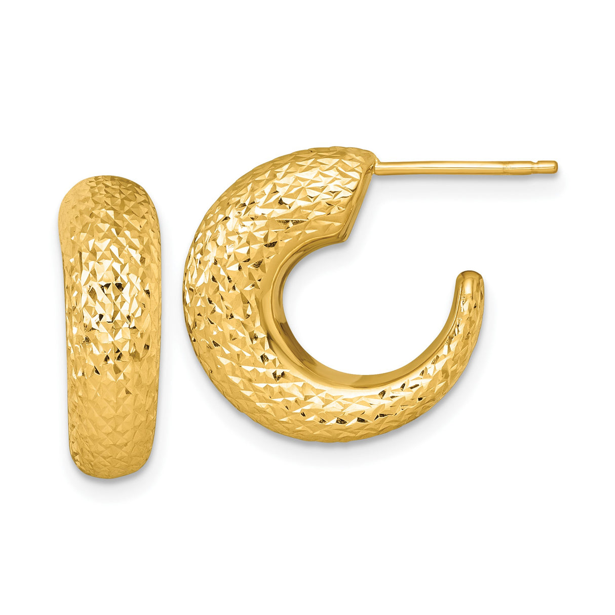 14k Yellow Gold Textured Crescent Hoop Earrings, Diamond Cut Modern Design for Women