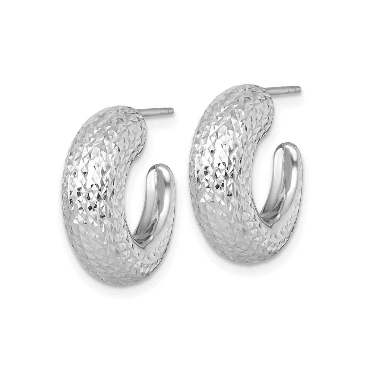 14k White Gold Hoop Earrings, Textured Diamond Cut Half Hoops, Chunky C-Hoop Design