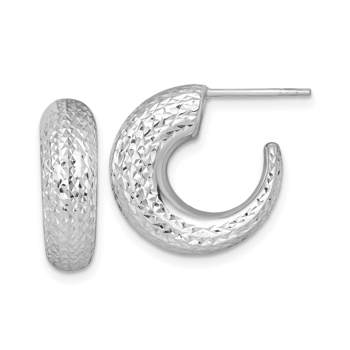 14k White Gold Hoop Earrings, Textured Diamond Cut Half Hoops, Chunky C-Hoop Design
