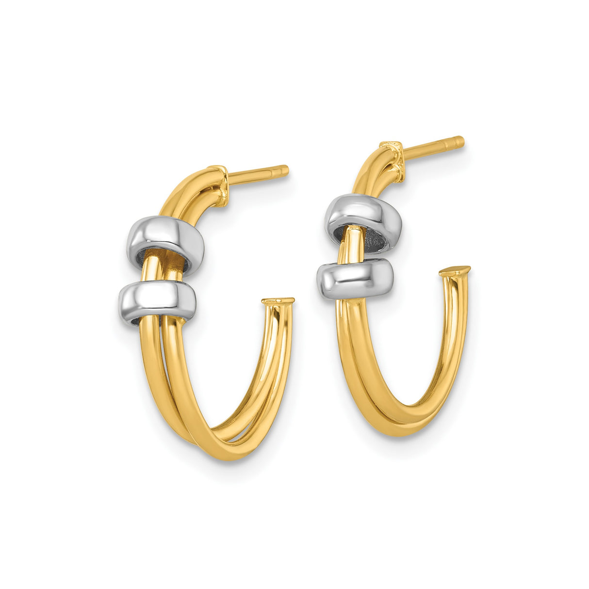 14k Two-Tone Gold Hoop Earrings with Double Hoop Design and Polished White Gold Beads