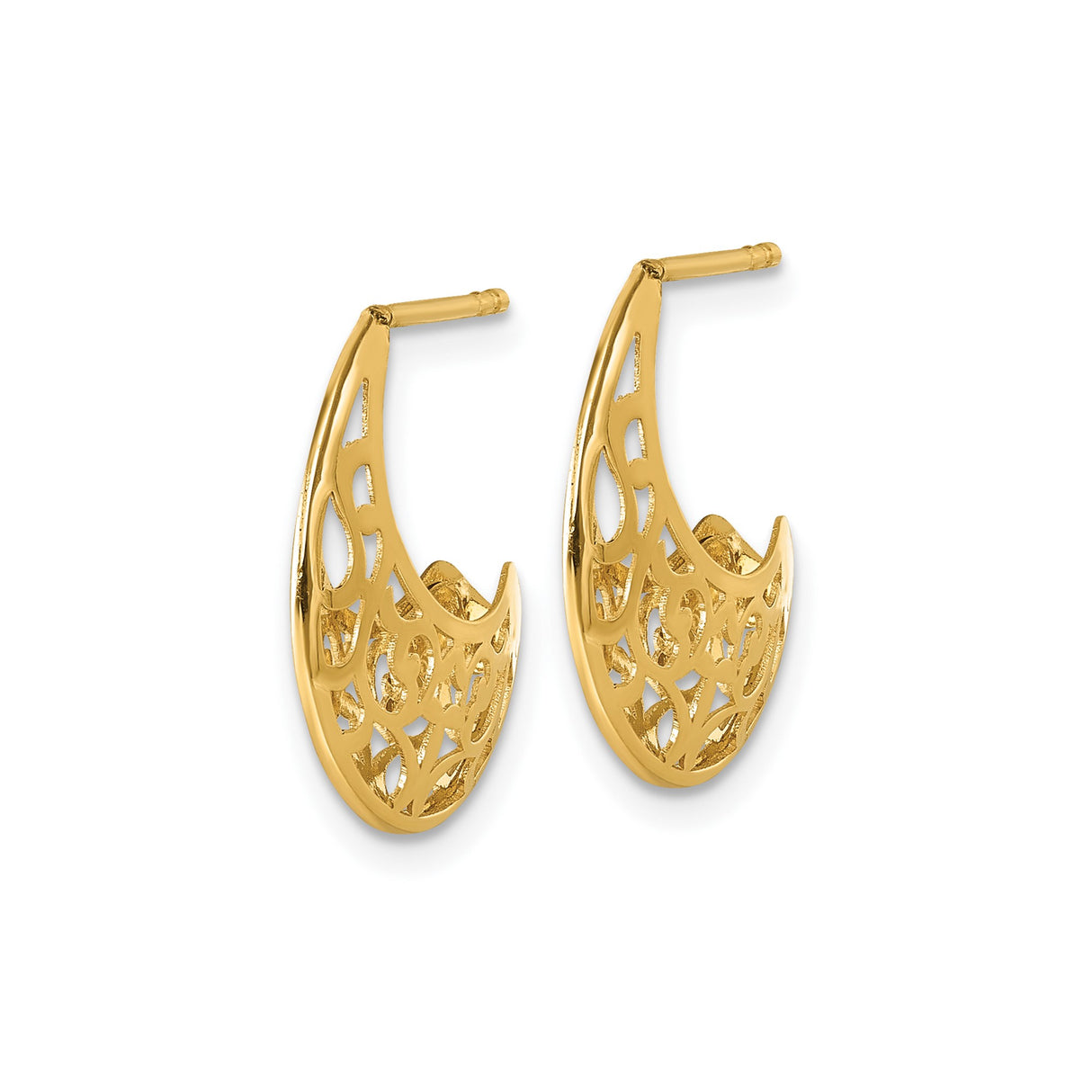 14k Yellow Gold Hoop Earrings with Openwork Filigree Design, Ornate J-Hoops for Women