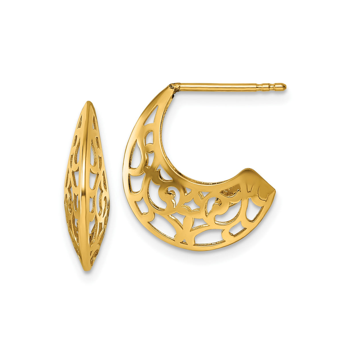 14k Yellow Gold Hoop Earrings with Openwork Filigree Design, Ornate J-Hoops for Women