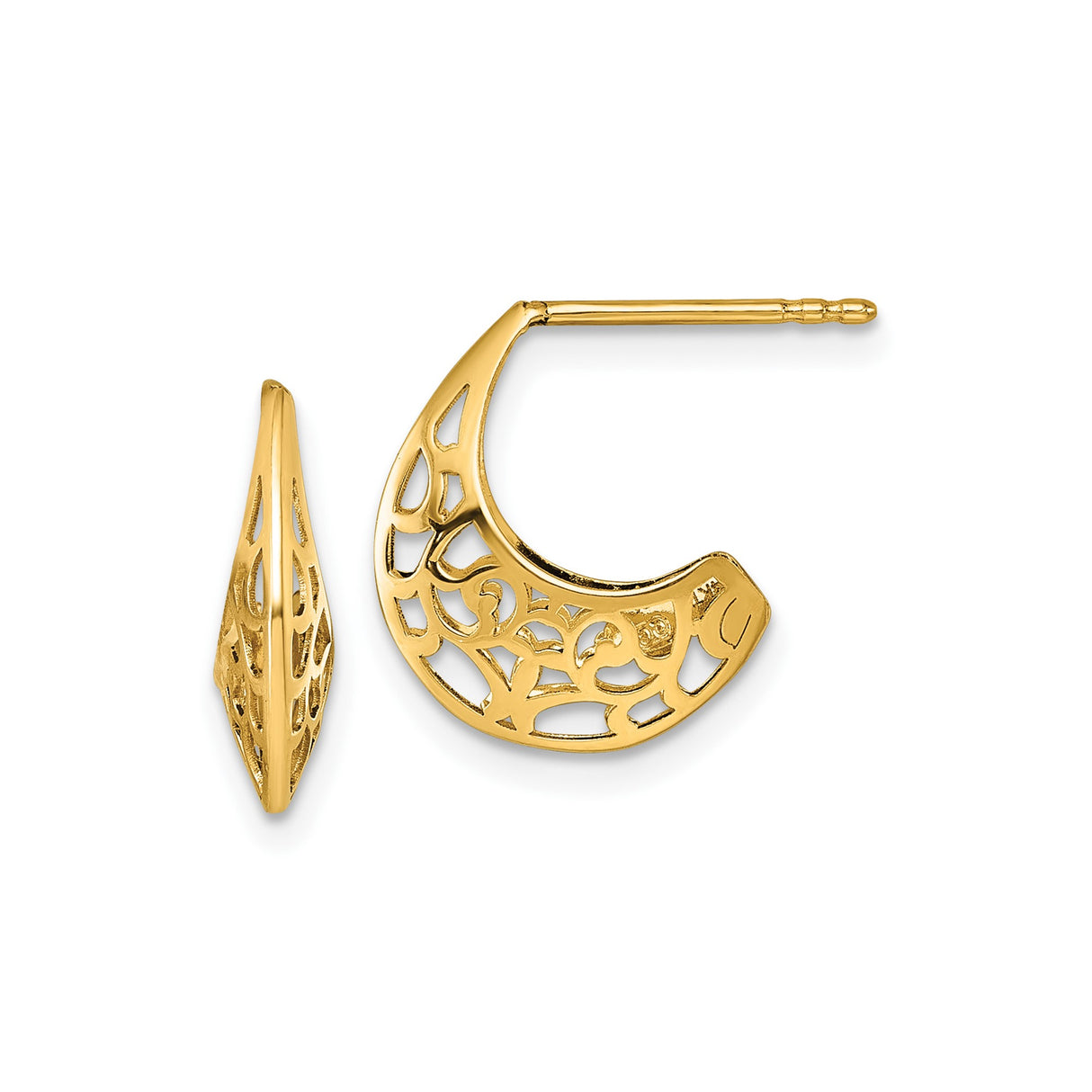 14k Yellow Gold Hoop Earrings with Openwork Filigree Scroll Pattern, Boho Chic Style for Women