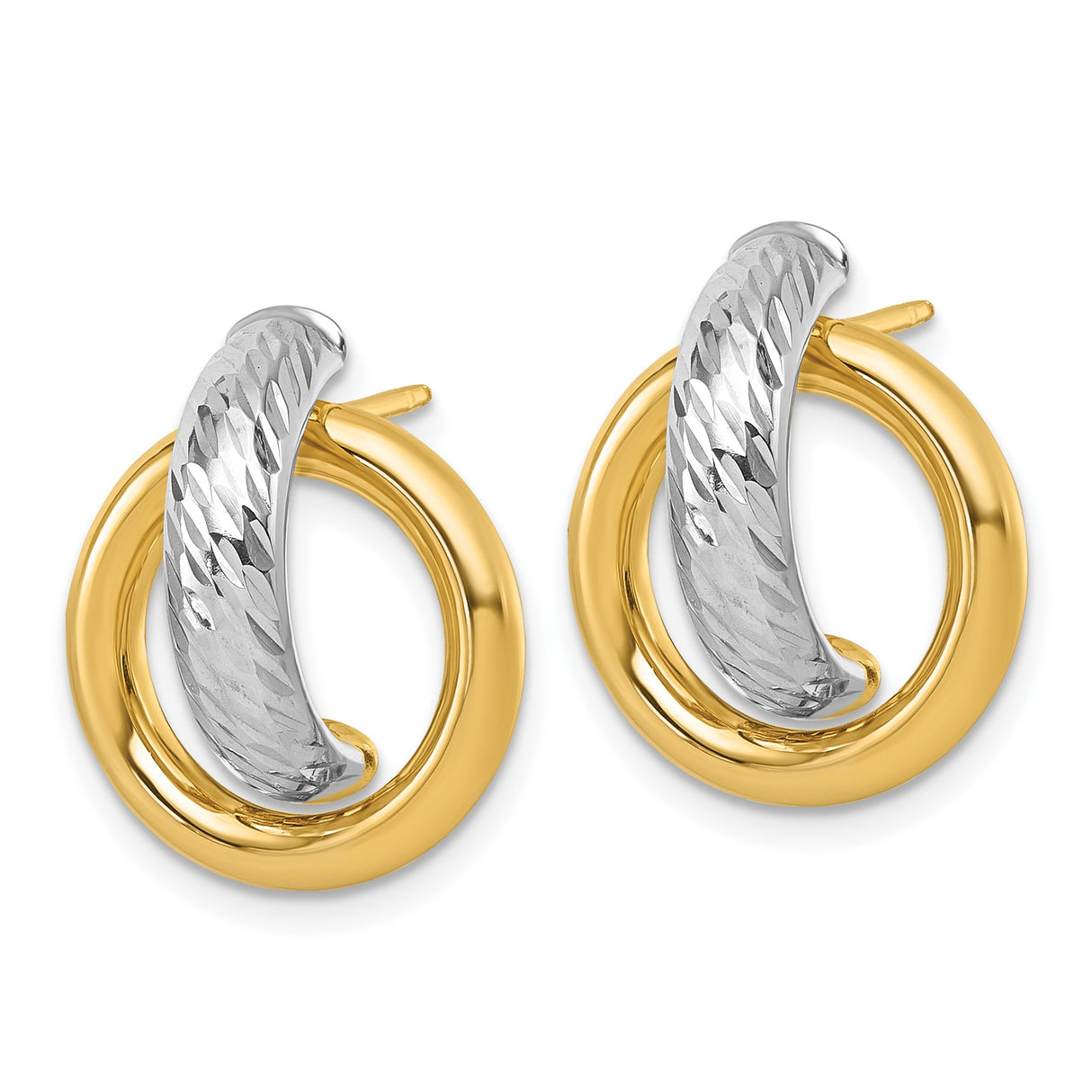 14k Yellow Gold Stud Earrings with Interlocking Polished and Textured Circles, Dual Tone Finish