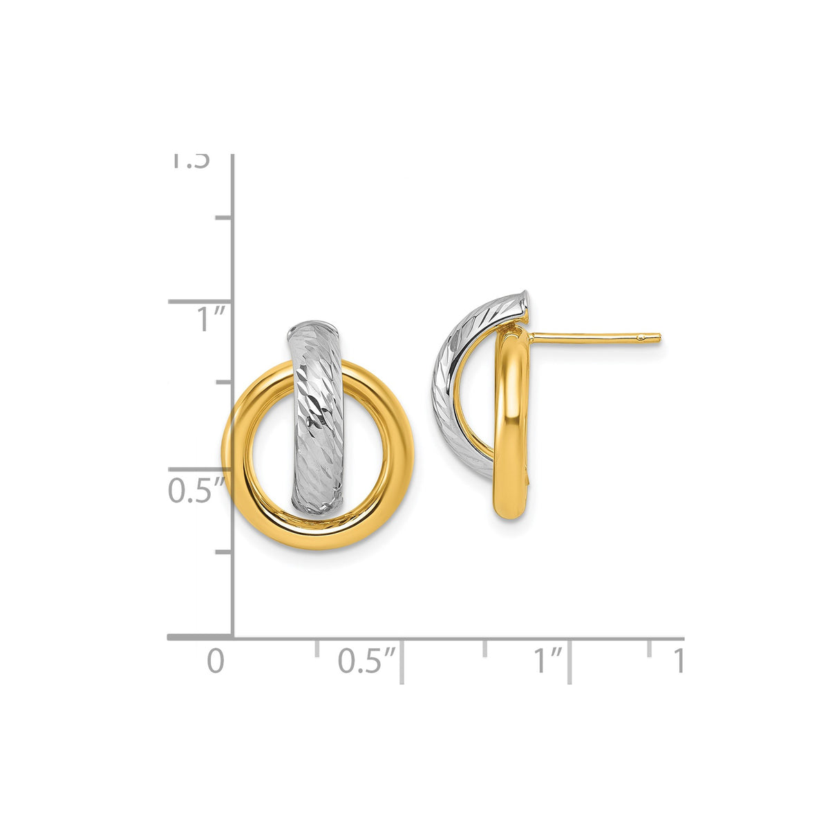 14k Yellow Gold Stud Earrings with Interlocking Polished and Textured Circles, Dual Tone Finish