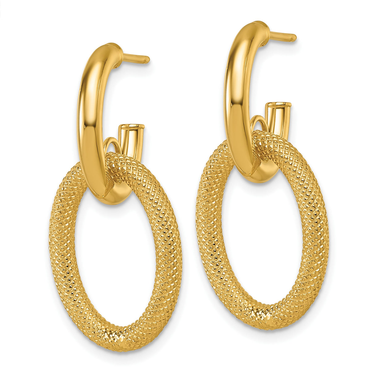 14k Yellow Gold Drop Hoop Earrings with Textured Oval Links and Modern Chain Design