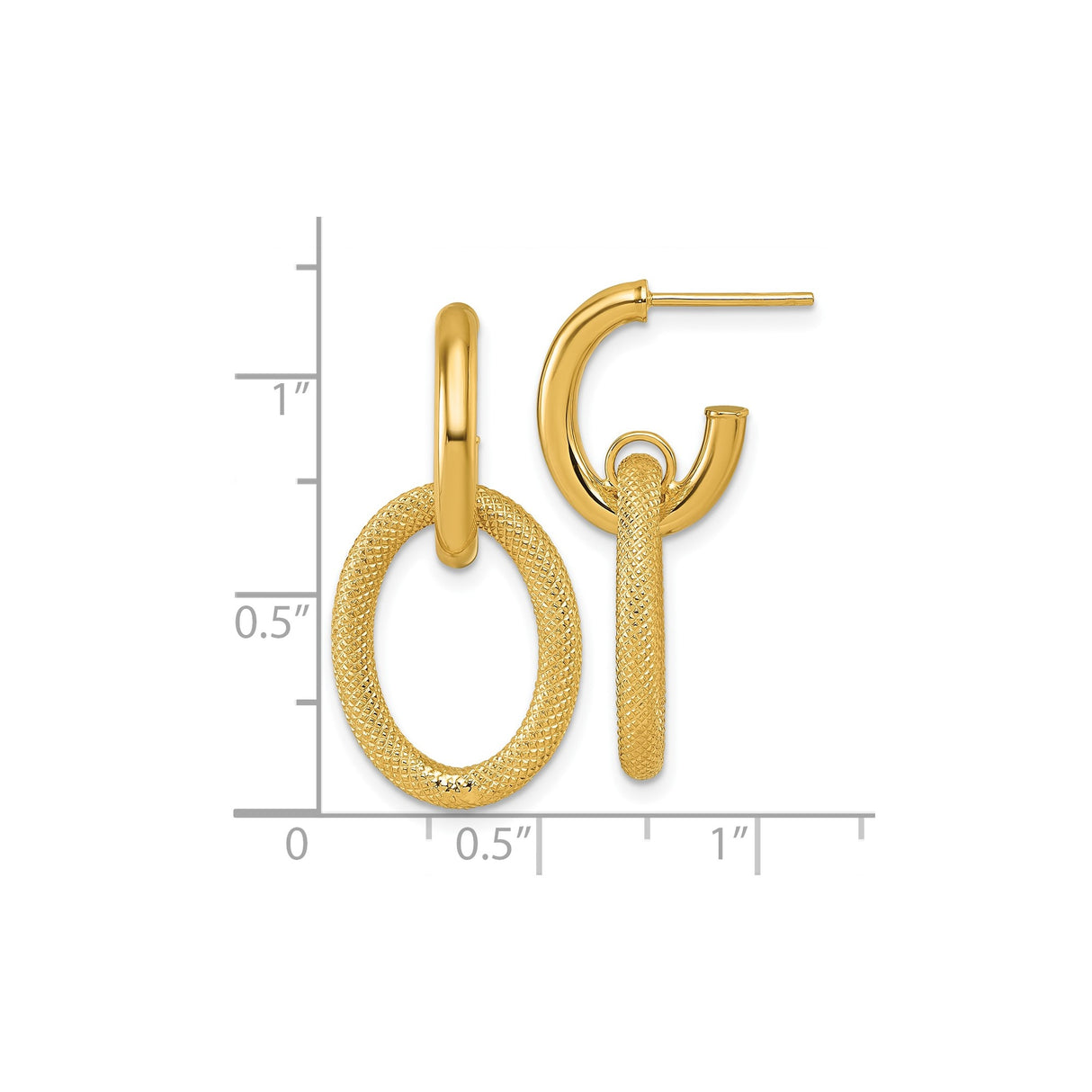 14k Yellow Gold Drop Hoop Earrings with Textured Oval Links and Modern Chain Design