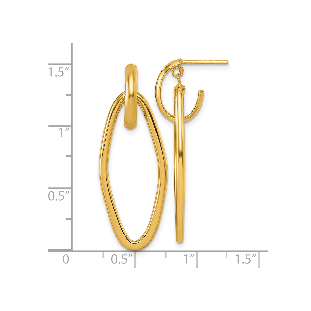 14k Yellow Gold Dangle Hoop Earrings, Oval Twist Design, High Polish, Lightweight Minimalist Style