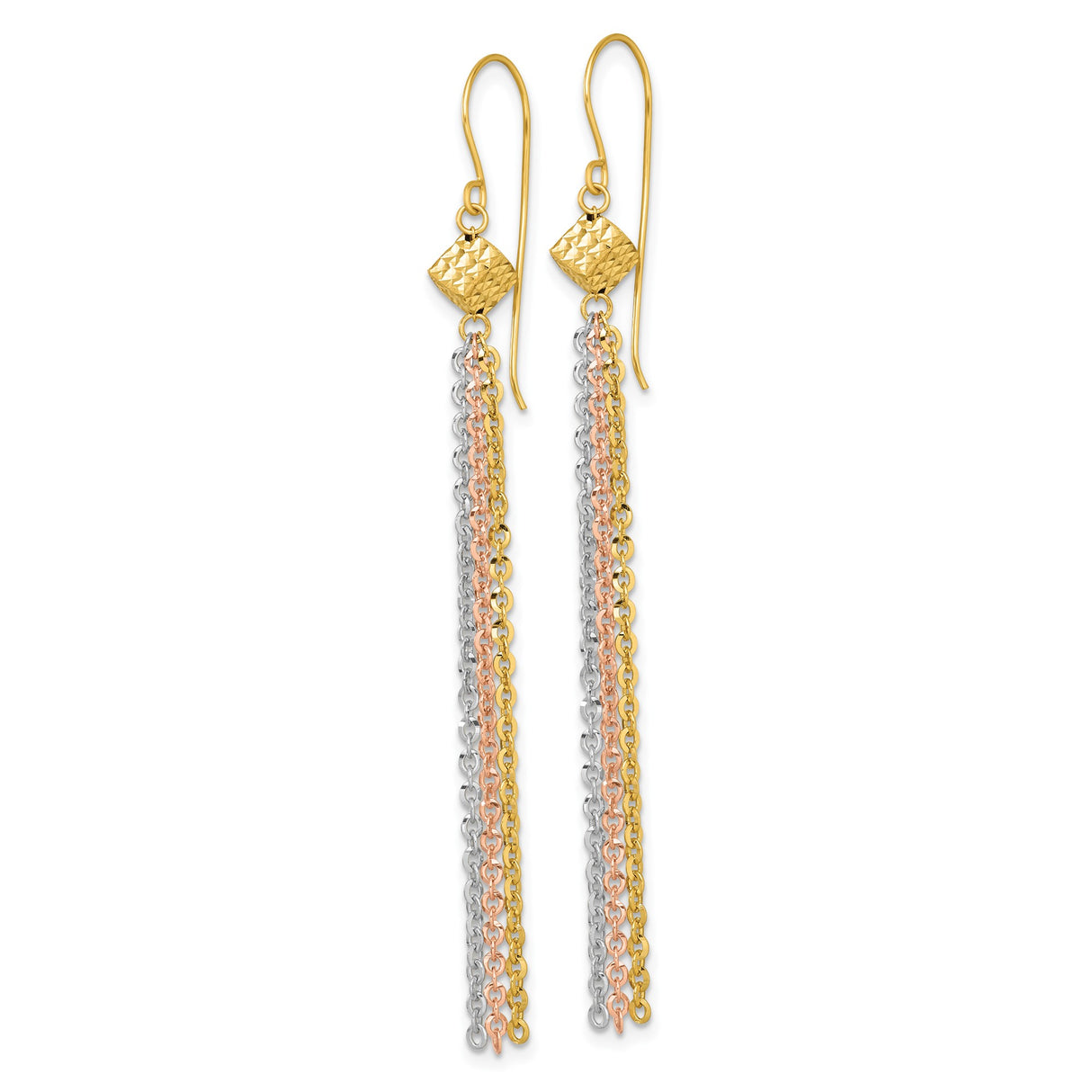 14k Yellow Gold Dangle Earrings with Tri Color Tassel Chains and Hammered Accent