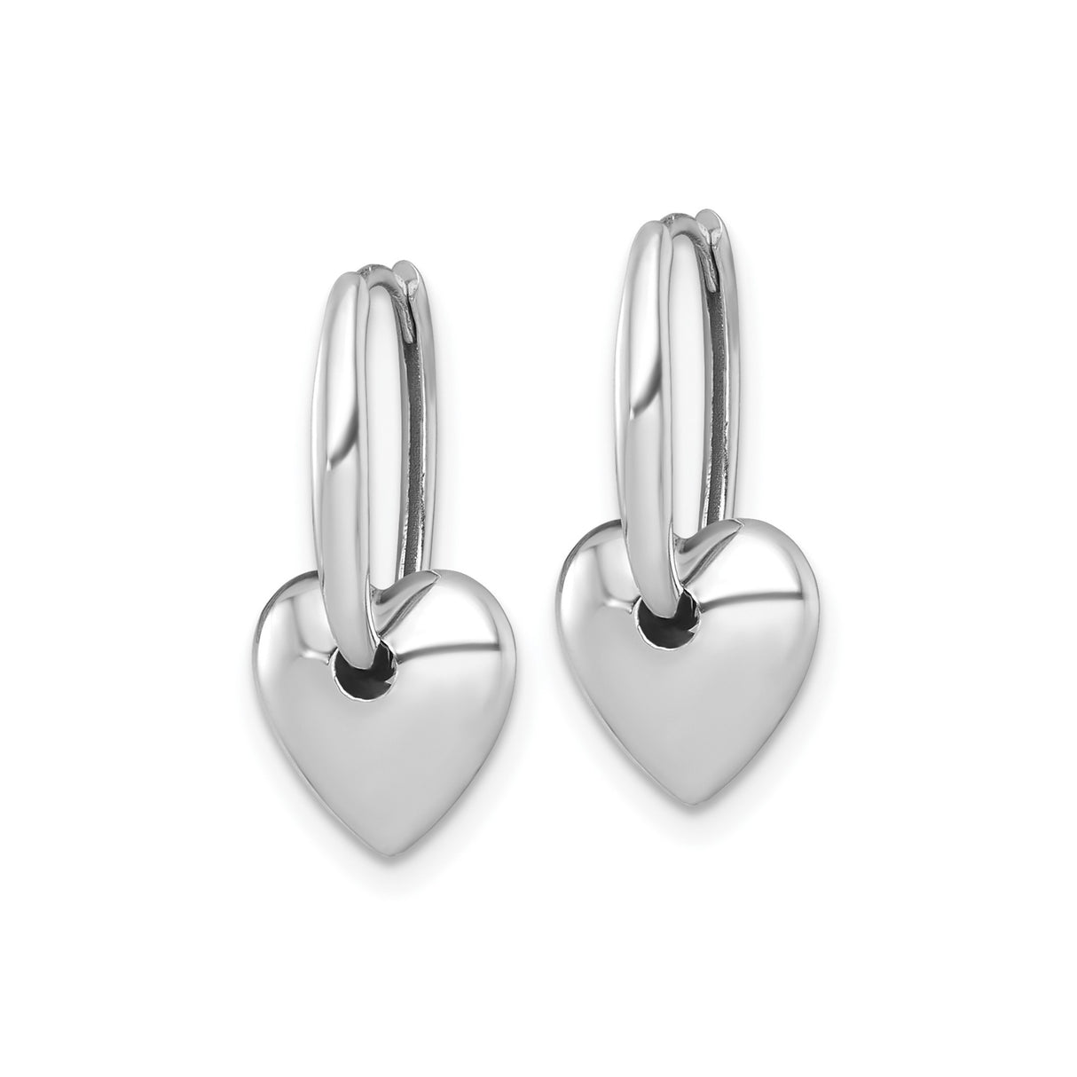 14k White Gold Heart Hoop Earrings with Polished Puffed Charm, Lightweight Romantic Design