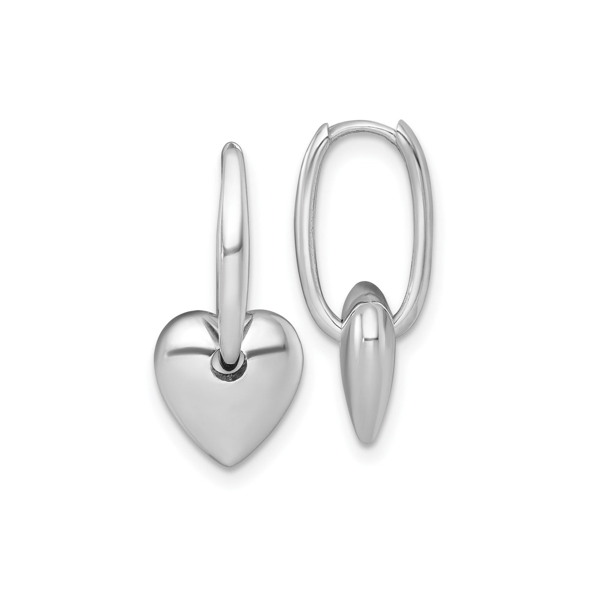 14k White Gold Heart Hoop Earrings with Polished Puffed Charm, Lightweight Romantic Design