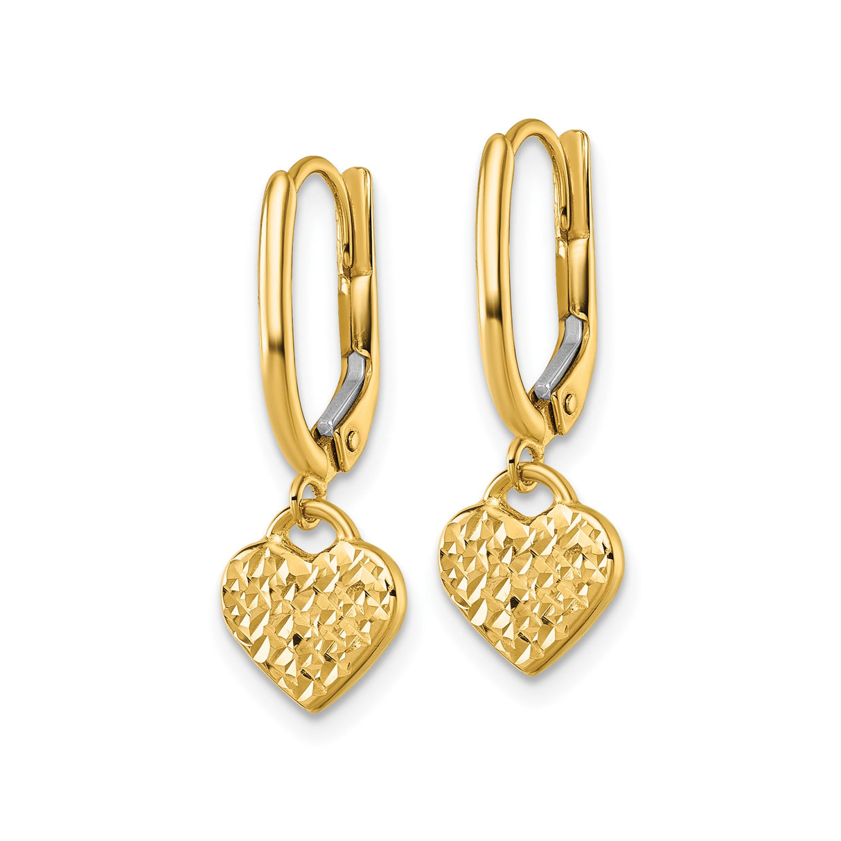 14k Yellow Gold Heart Dangle Earrings with Diamond Cut Textured Charm Leverback Design